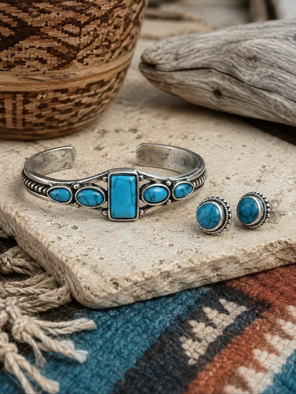 Faux Turquoise Cuff Bracelet and Stud Earrings Set Western Coastal Cowgirl 2.5"